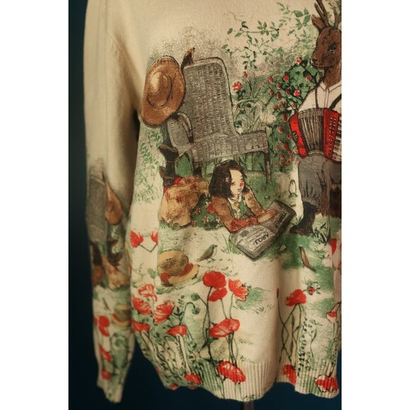Womens Crewneck Cream Cozy Sweater Whimsical Folk Woodland Deer Cottagecore M - Picture 8 of 13